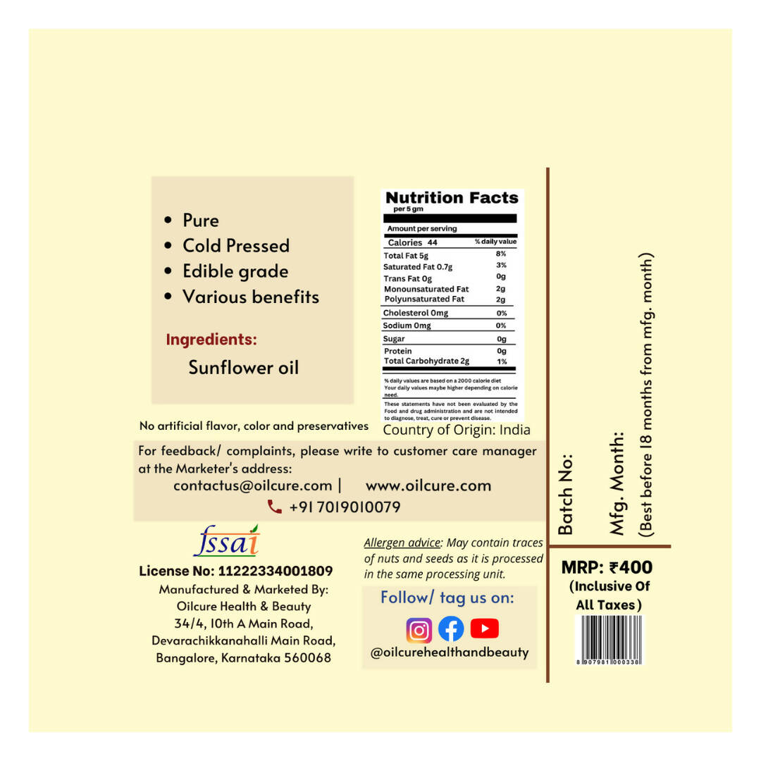 Oilcure Virgin Sunflower Oil - Distacart