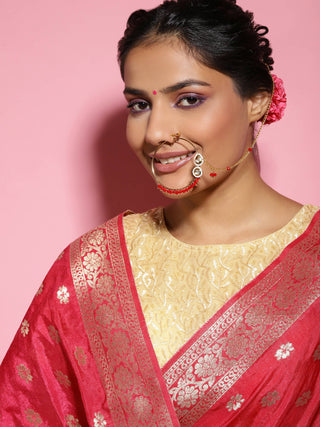 Gold-Plated White Red Kundan-Studded Pearl Beaded Nosepin - Ruby Raang - Distacart