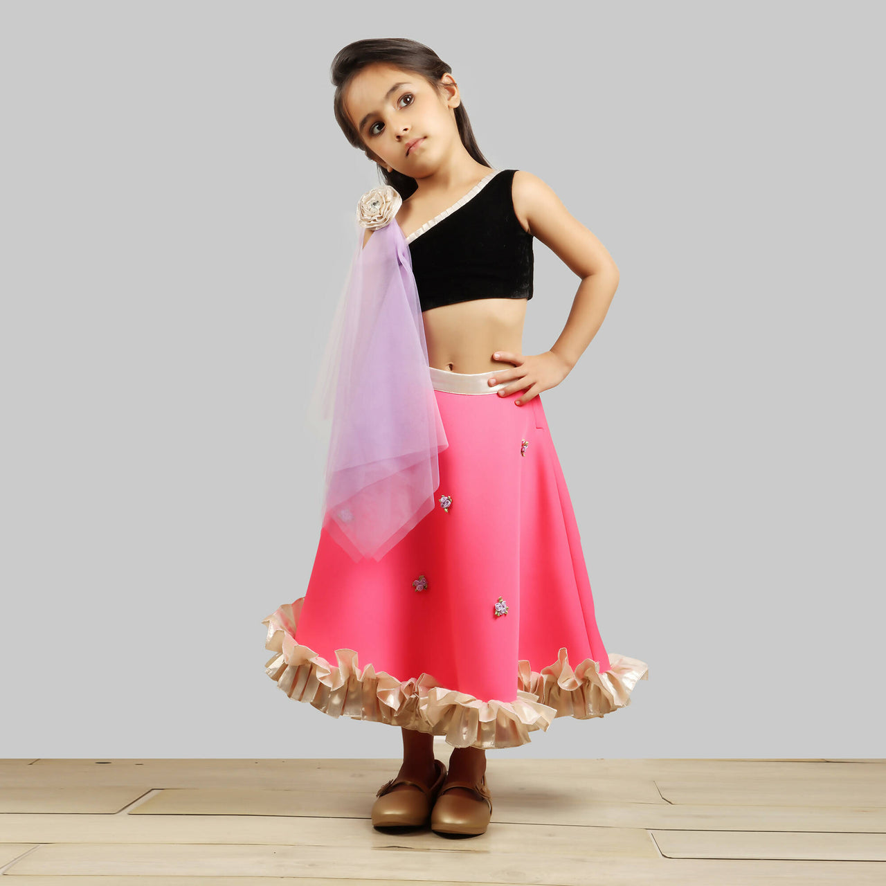 Pink Cow Fashions Black & Pink Ghagra Choli With Dupatta - Distacart