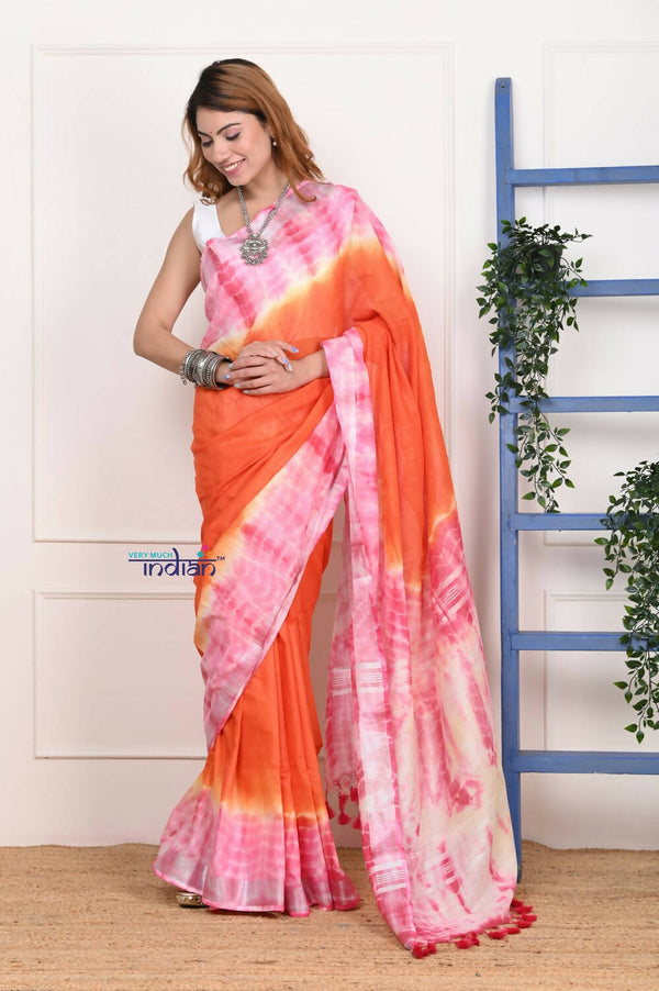 Very Much Indian Handmade Tie And Dye Cotton Saree By Women Weavers - Orange Pink - Distacart