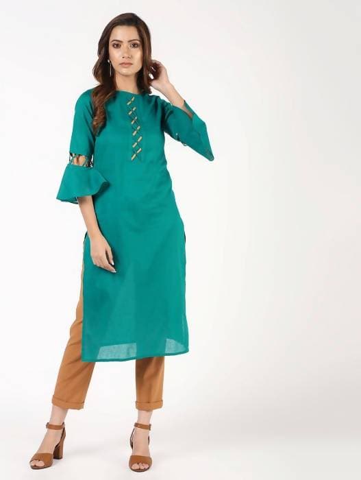 Aniyah Cotton Criss Cross Bell Sleeves Blue Straight Kurta (AN-143K)
