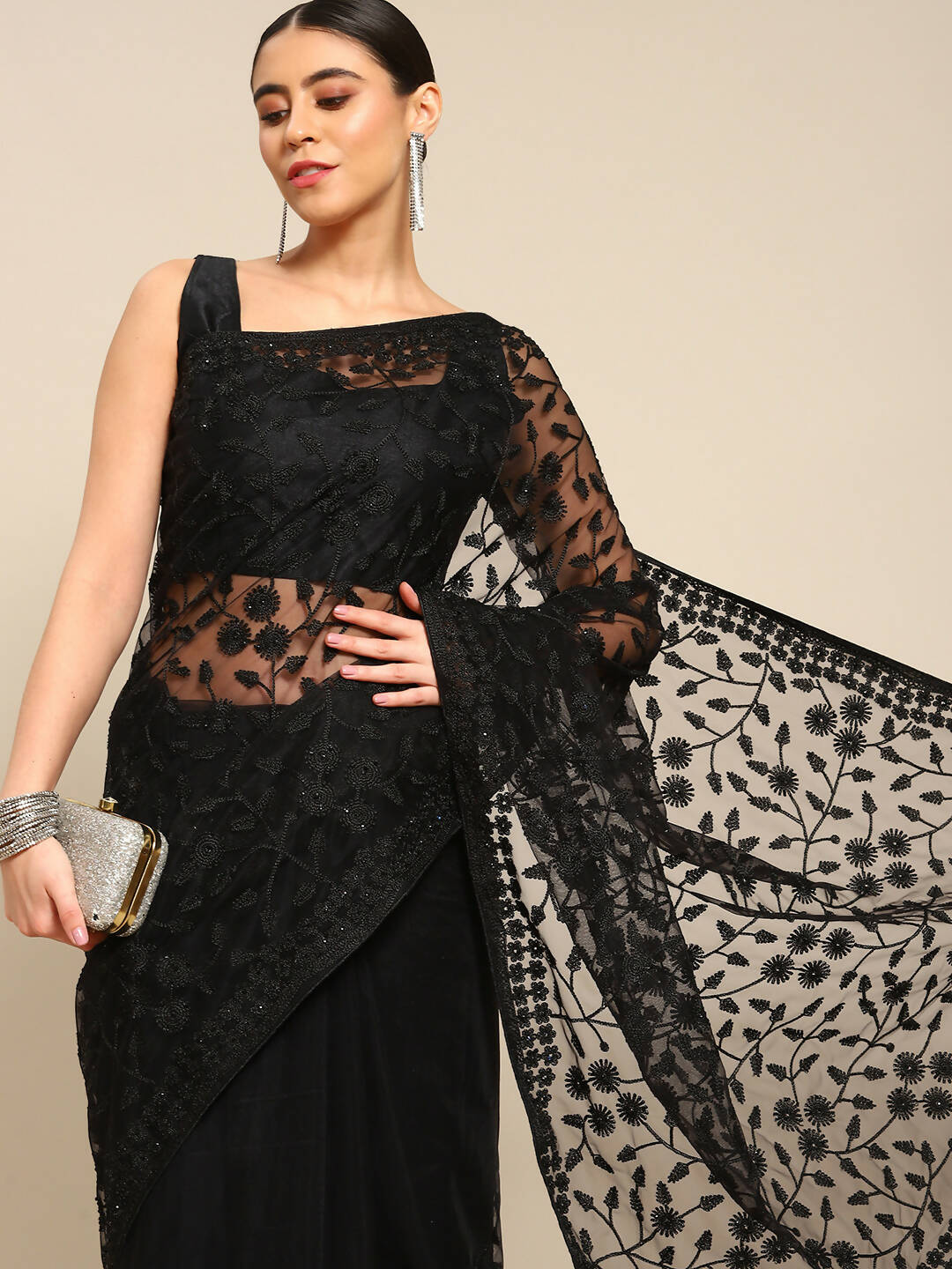 Black Woven Design Net Saree with Blouse Piece - Kalamkari - Distacart