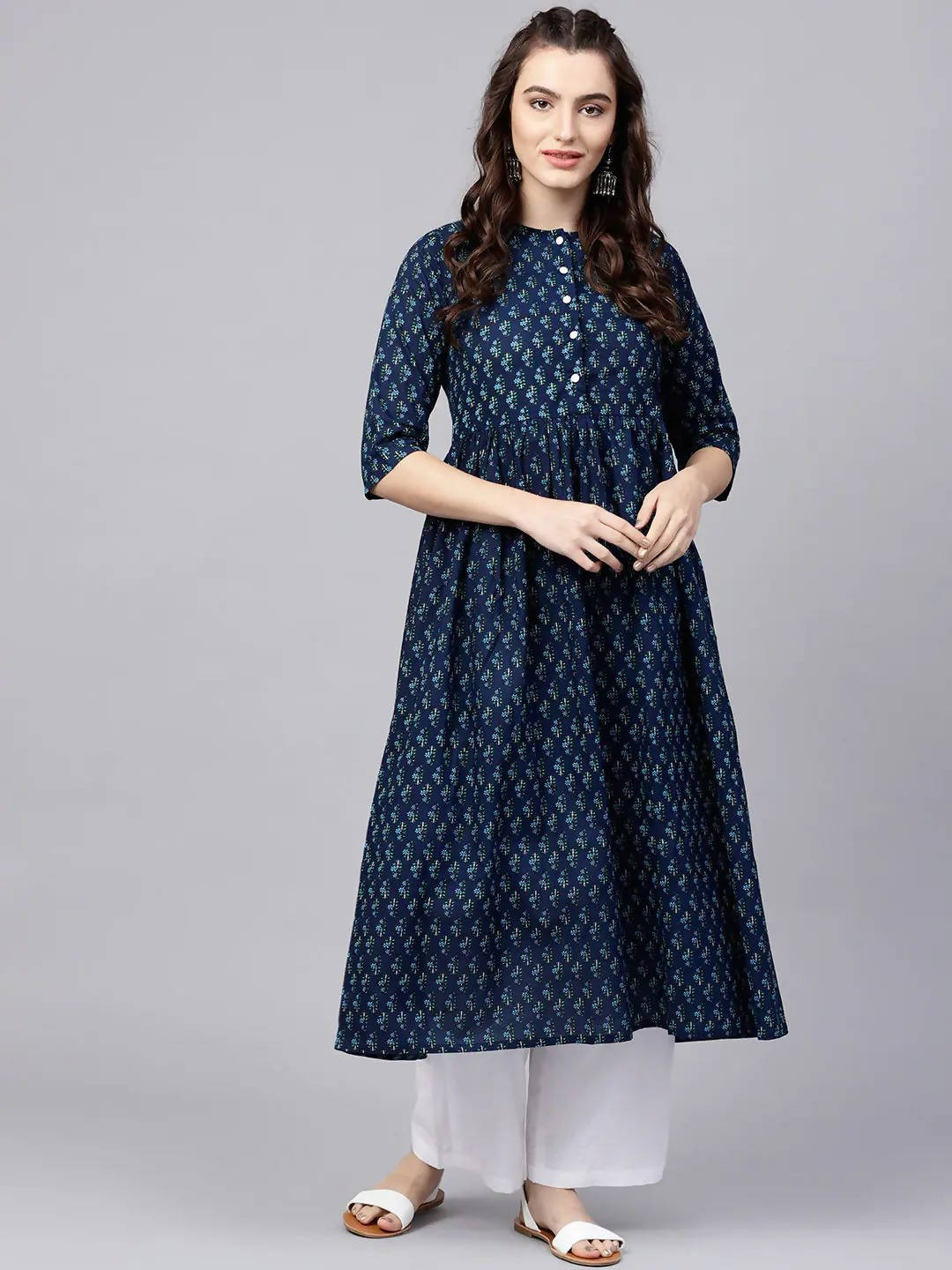 Vamika Navy Blue Printed Cotton Party/Casual Wear Kurta Set/Suit