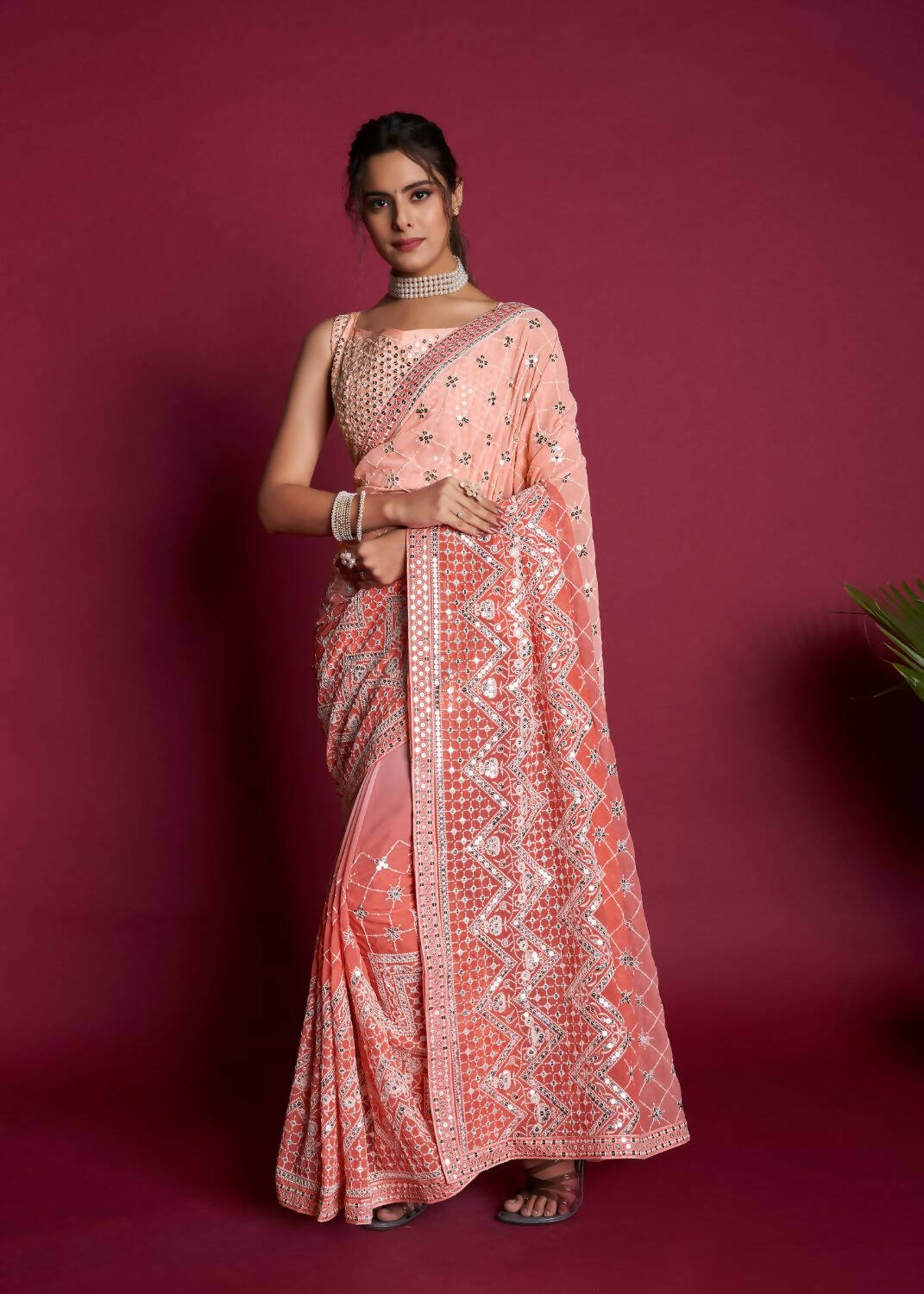 Vamsee Peach & White Georgette Designer Saree - Distacart