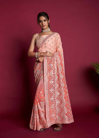 Vamsee Peach & White Georgette Designer Saree - Distacart