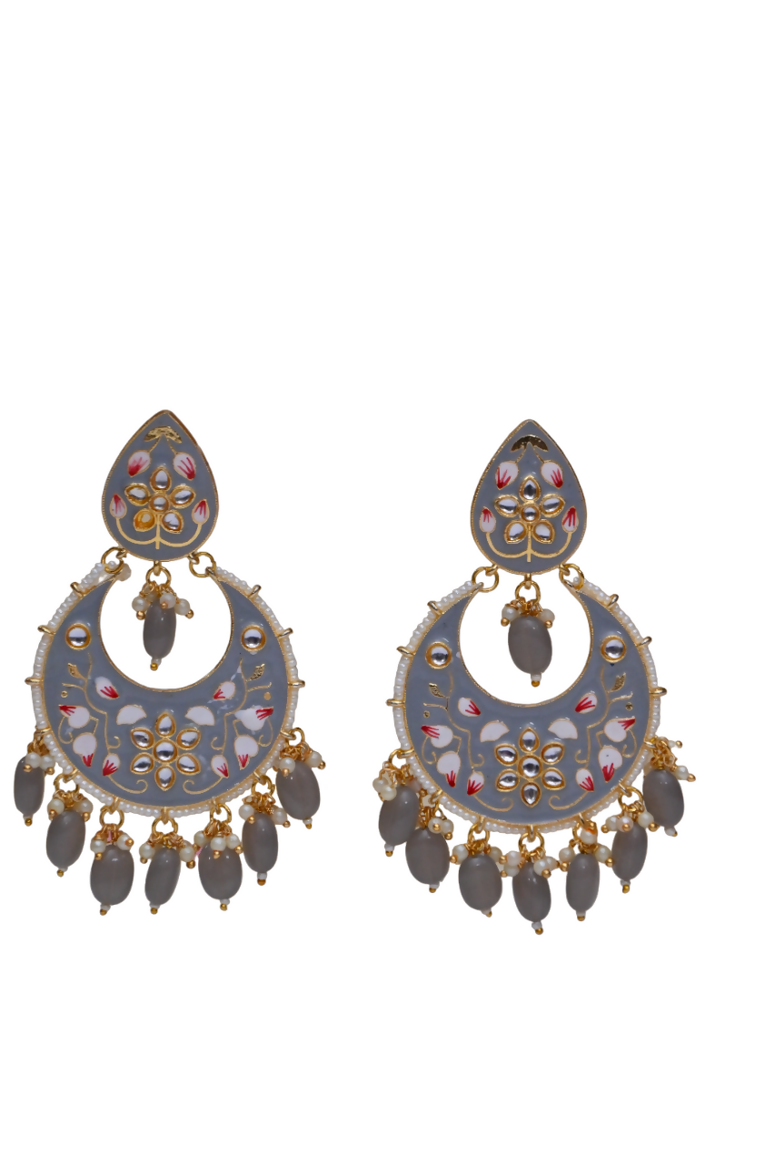 Gold Plated Brass & Pearl Dangle Women Grey Hand Painted Meenakari Chandbali Earrings By House of Ree - Distacart