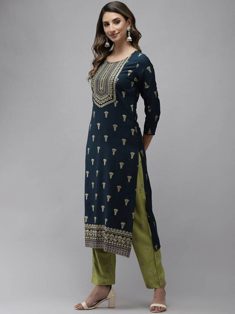 Yufta Women Blue and Green Embroidered Kurta with Trouser and Dupatta Set