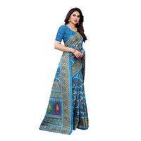 Thumbnail for Printed Jute Silk Blue Saree for daily wear