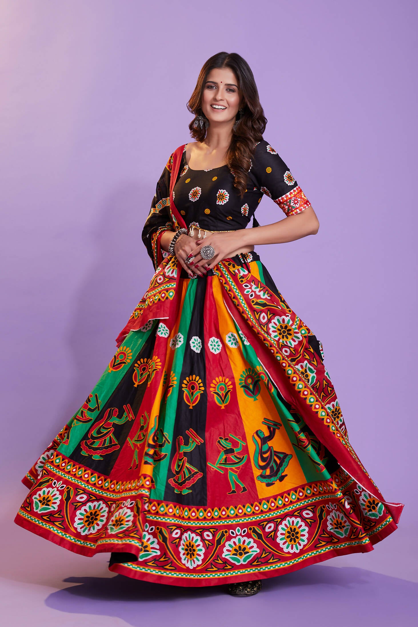 Multi Color Pure Cotton Hand Block Print Navratri Lehenga Choli with Dupatta - Raas - Distacart