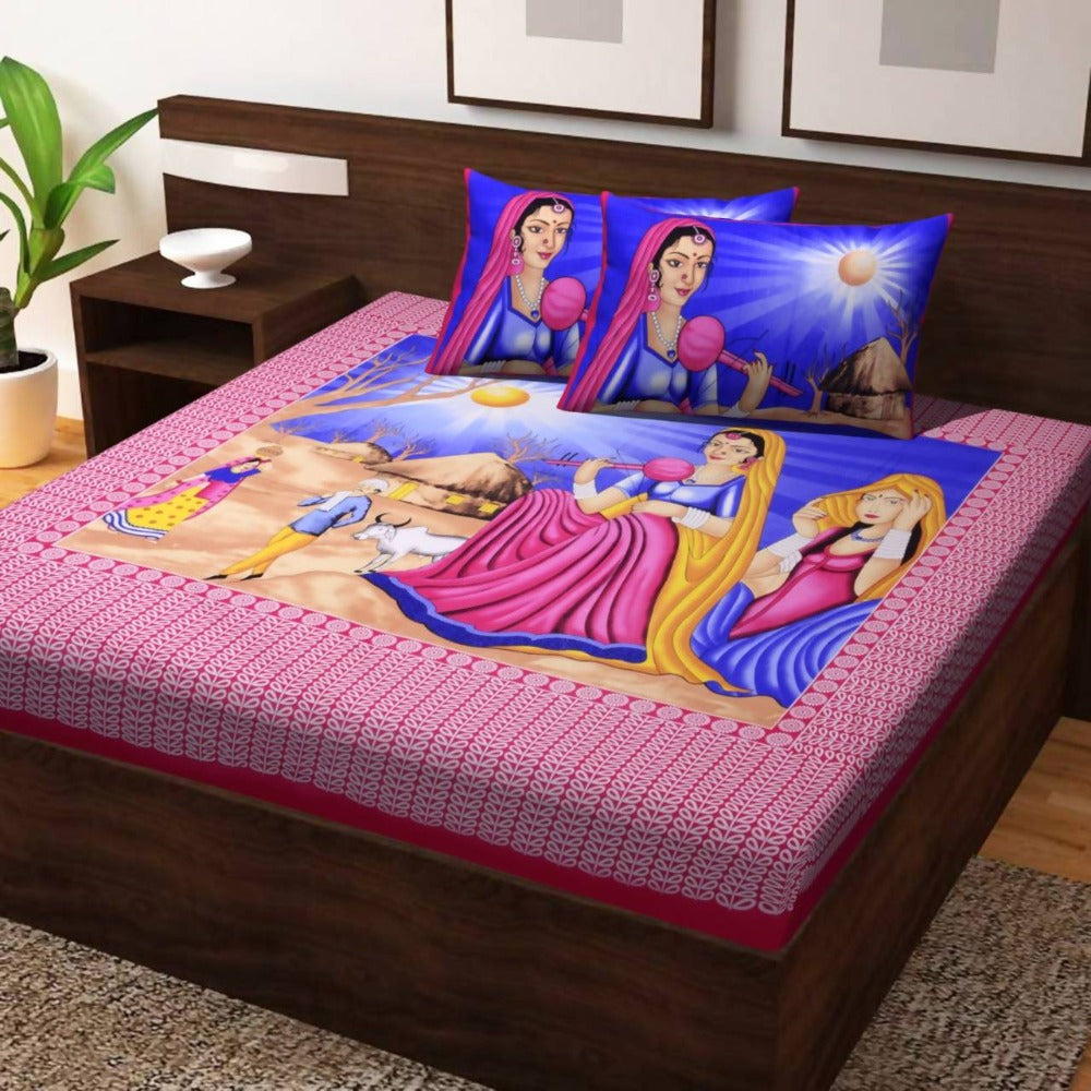 Vamika Printed Cotton Veena Red Bedsheet With Pillow Covers