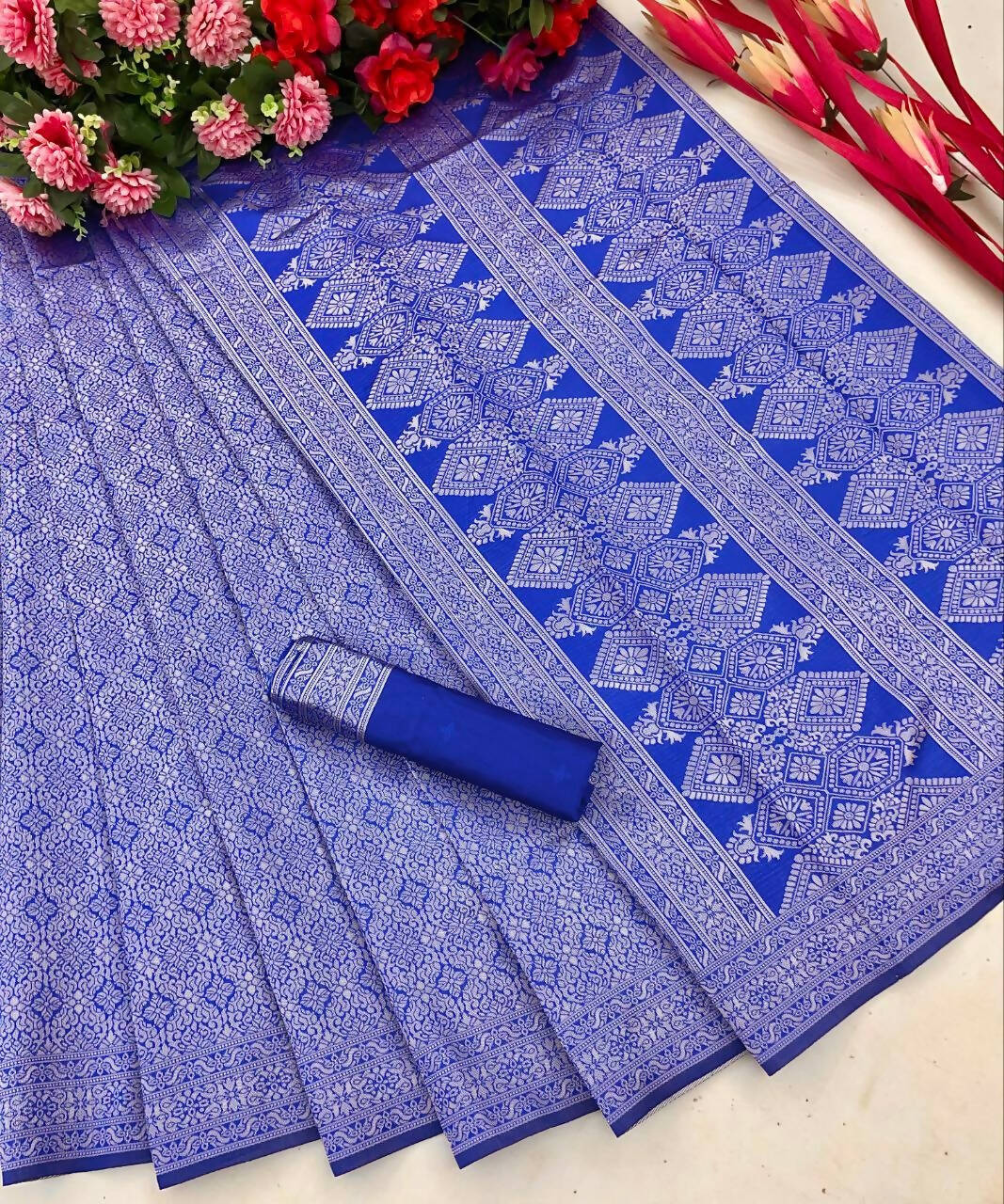 DEIANA'S Beautiful Golden Jari with New Design Soft Lichi Silk Saree - Blue - Distacart