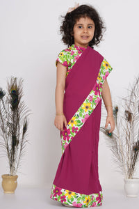 Thumbnail for Little Bansi Floral Print Ready to Wear Saree and Floral Blouse - Magenta - Distacart