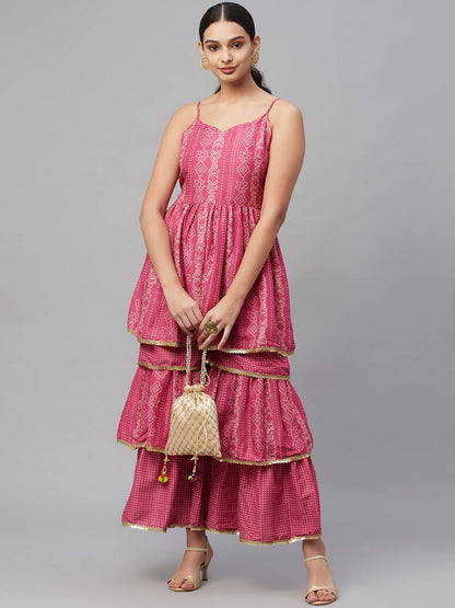 Myshka Pink Printed Sleeveless V Kurti Sharara Set - Distacart