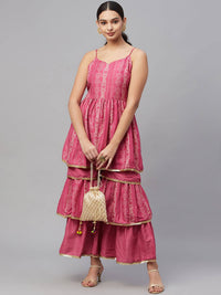 Thumbnail for Myshka Pink Printed Sleeveless V Kurti Sharara Set - Distacart