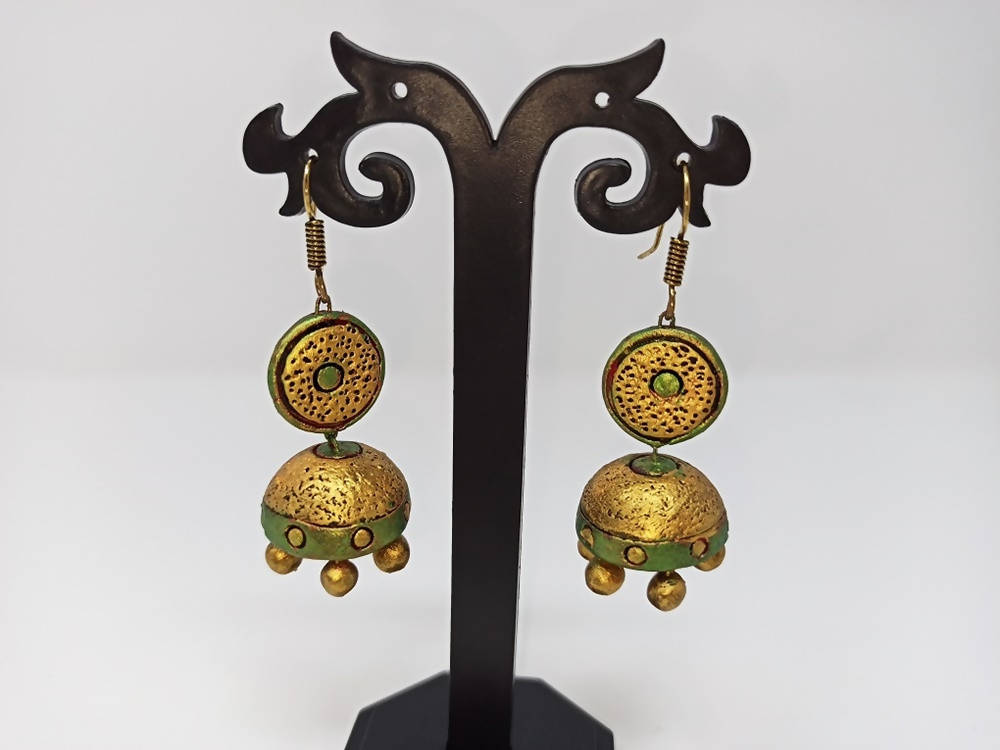 Terracotta Hanging Stud Jhumkas-Pearl Green And Gold