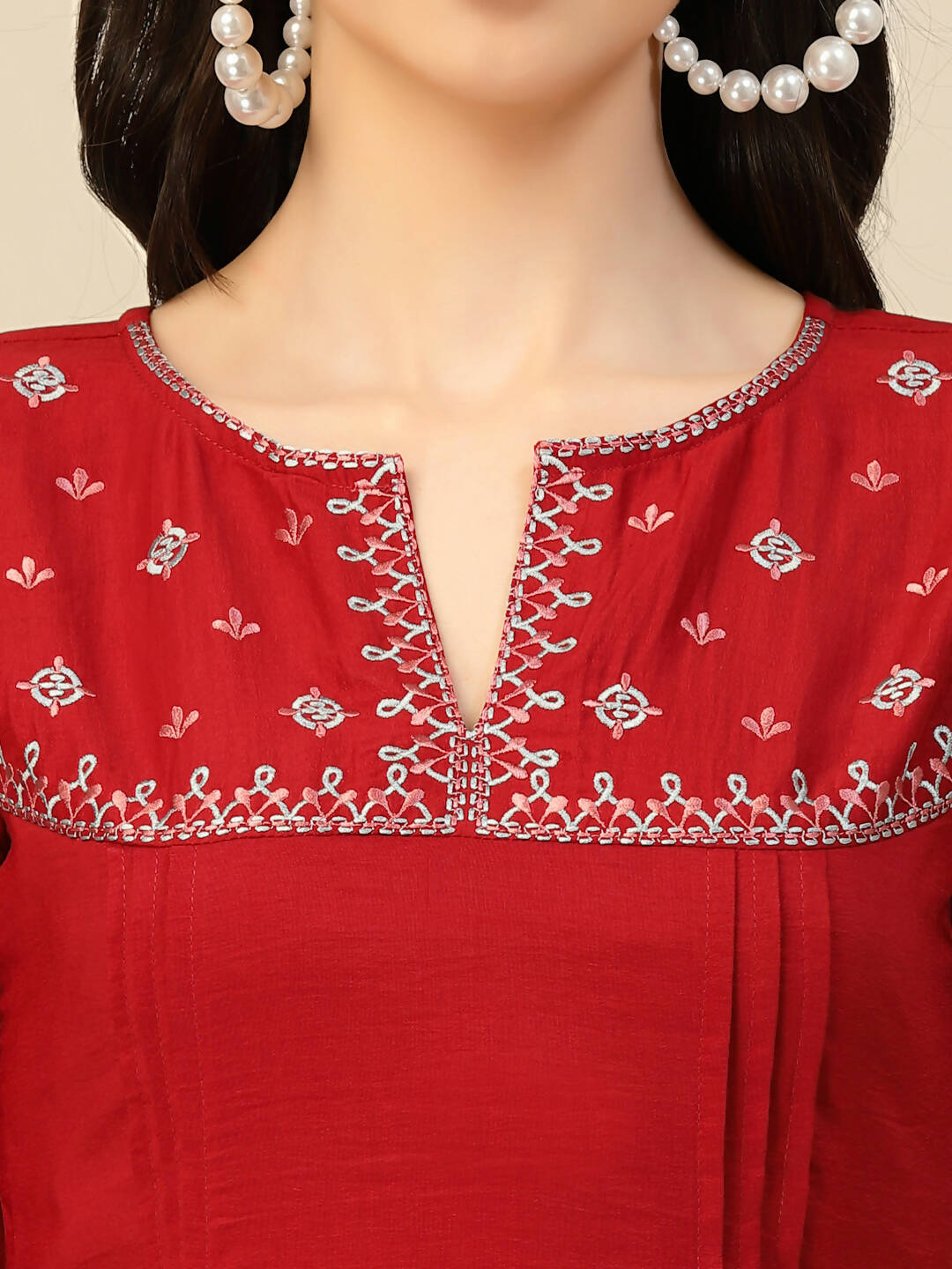 Red Chinon Floral Embroidered Top - Zeny - Distacart