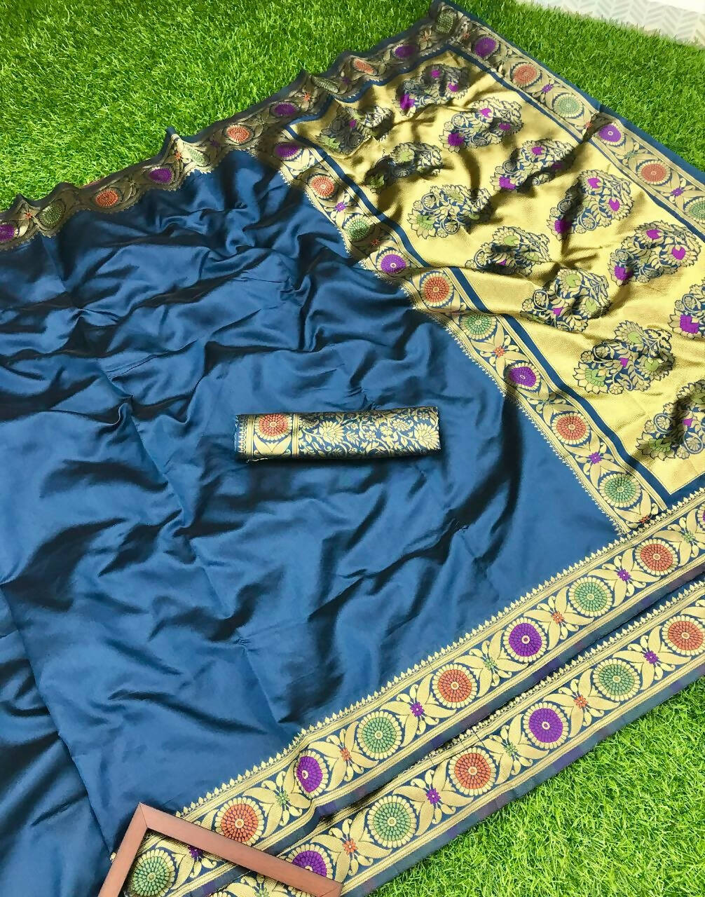 DEIANA'S Beautiful Golden Jari with New Design Soft Lichi Silk Saree - Blue - Distacart