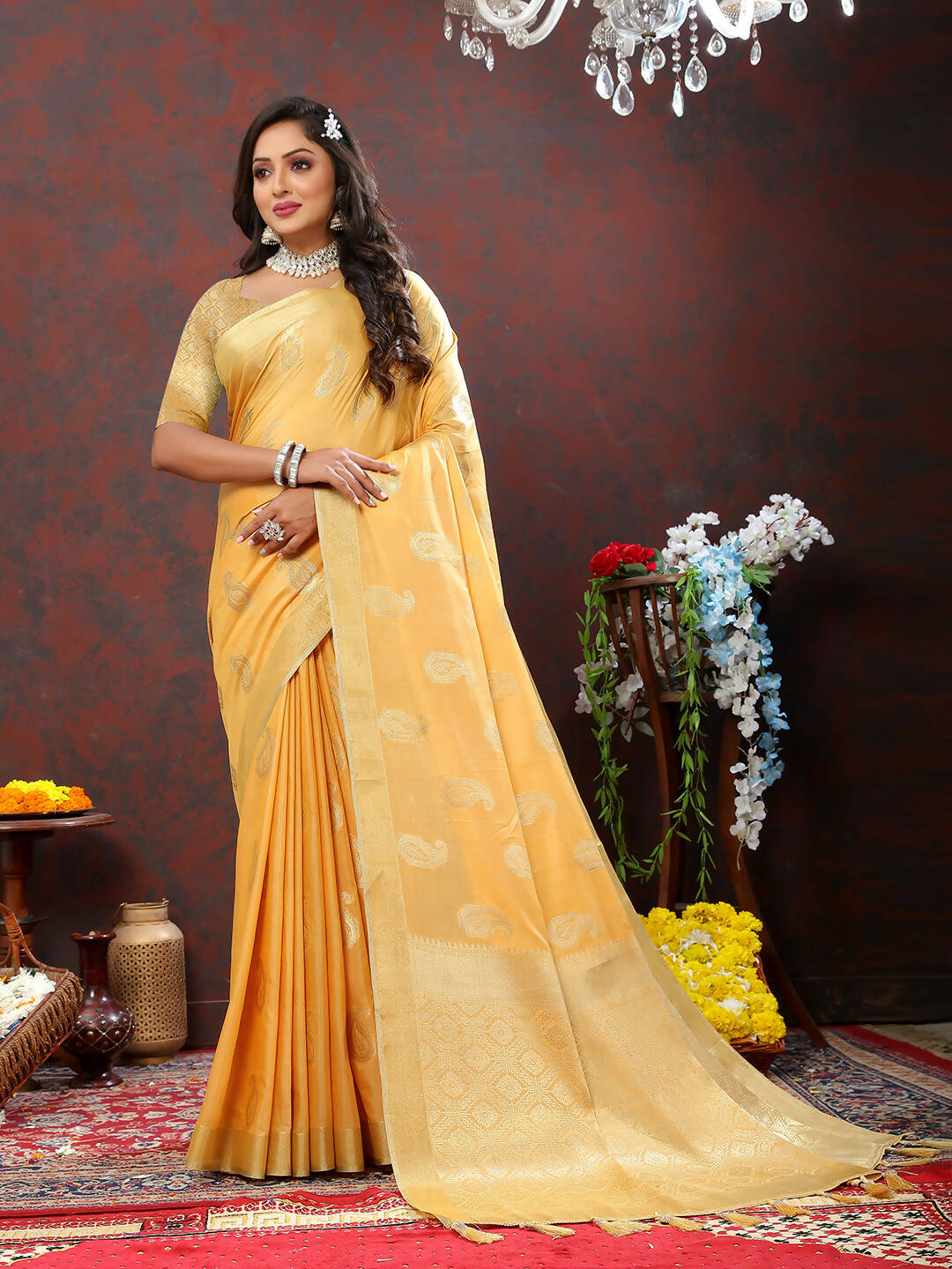 Lorenvalley Fashion Gold Cotton Woven Design with Zari Weaving Design Saree - Distacart
