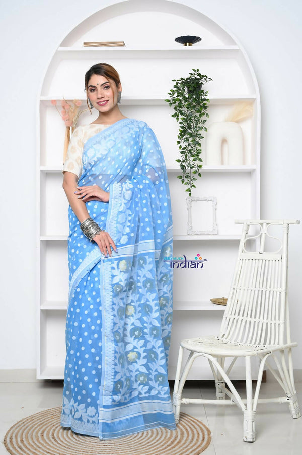Very Much Indian Jamdhani Cotton Saree - Powder Blue - Distacart