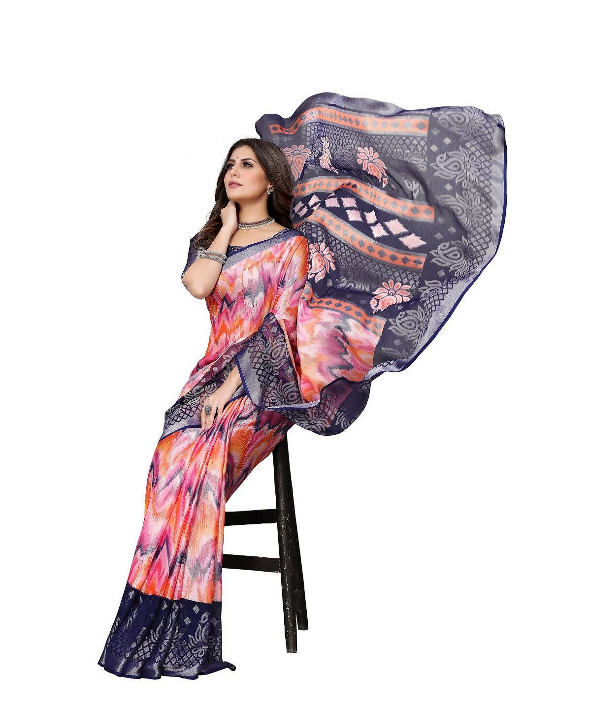 Vamika Navy Blue Chiffon Brasso Bollywood Style Woven Saree (KARUNA NAVY) - Distacart