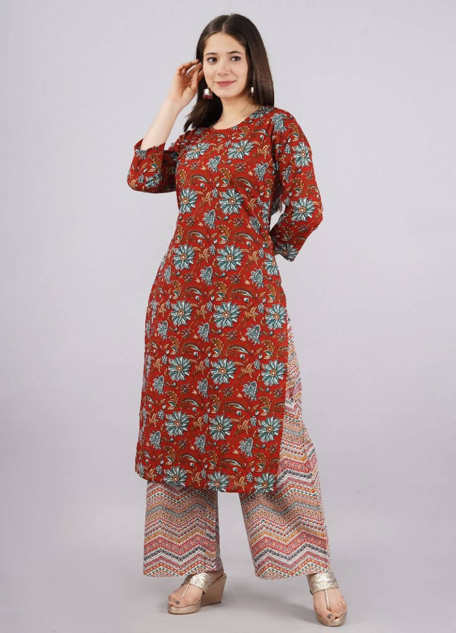 Vamika Printed Cotton Red Party Wear/Casual Wear Kurta Set/Suit - Distacart