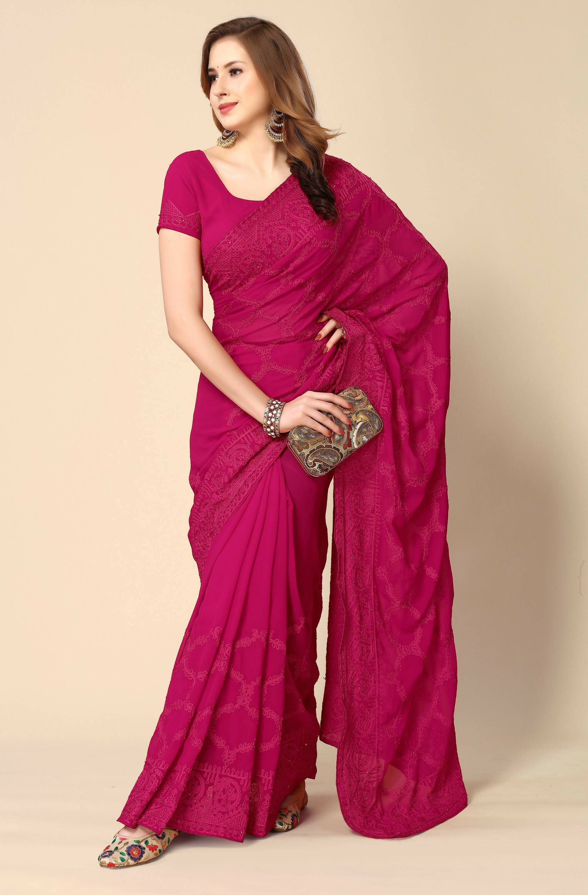 Pink Georgette Embroidered and Stone Work Saree with Unstitched Blouse Piece - Roozal - Distacart