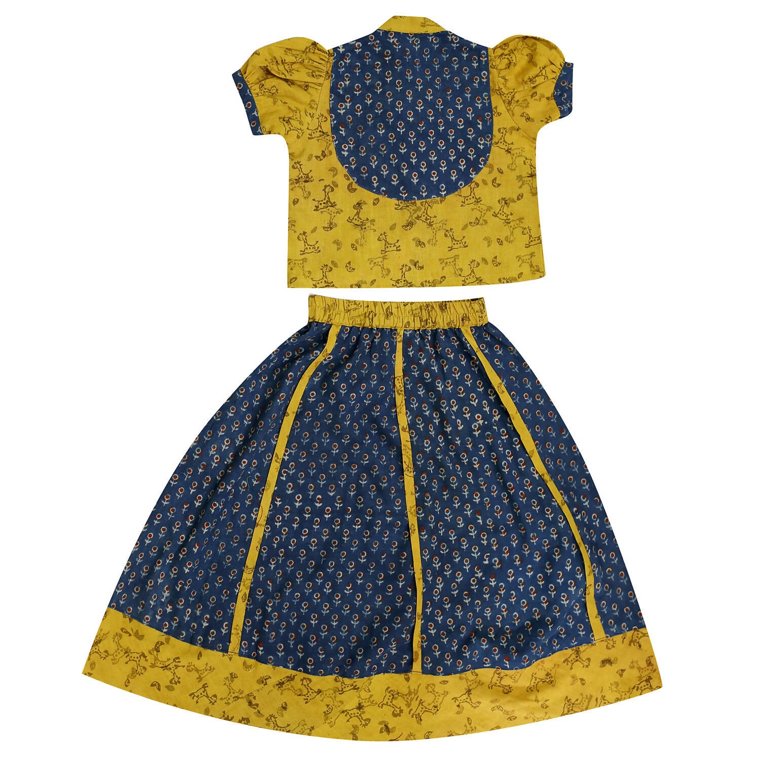 Mhyssa Block Printed Blue Ghagra Choli With Stand Collar & Puff Sleeves Set - Distacart