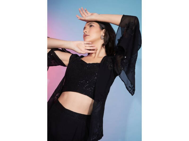 Black Georgette Sequence With Thread Designer Co-Ord Set - Flory - Distacart