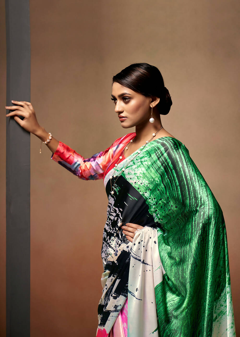 Green Satin Digital Printed Saree with Unstitched Blouse Piece - Jodha - Distacart