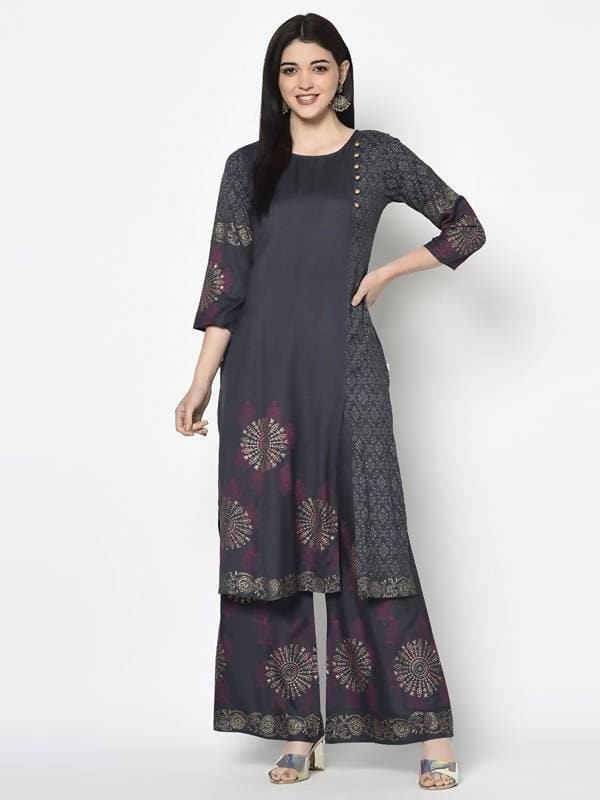 Aniyah Rayon Dark Grey Color Block Print Straight Kurta Palazzo Set (AN-202K)