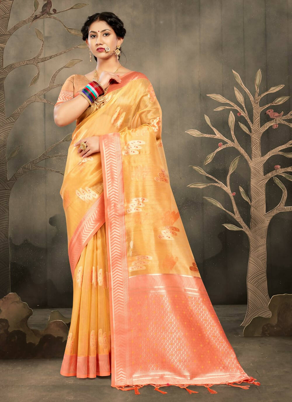 Mustard Cotton Zari Woven Design Saree with Unstitched Blouse Piece - Aachal - Distacart