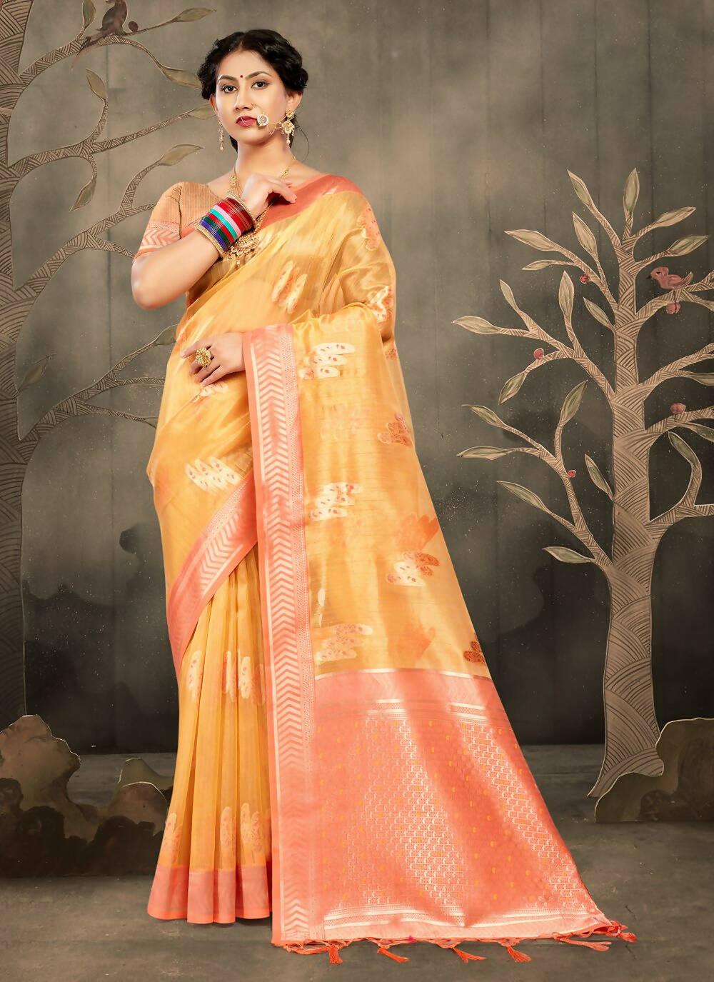 Mustard Cotton Zari Woven Design Saree with Unstitched Blouse Piece - Aachal - Distacart