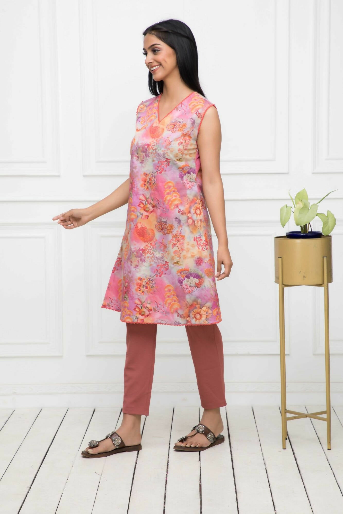 Myshka Women Multi-Floral Rayon A-Line V-Neck Kurtis - Distacart