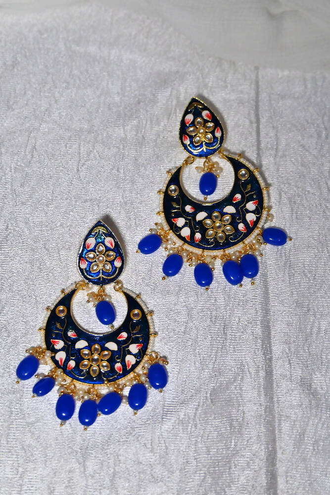 Gold Plated Brass & Pearl Dangle Women Royal Blue Hand Painted Meenakari Chandbali Earrings By House of Ree - Distacart