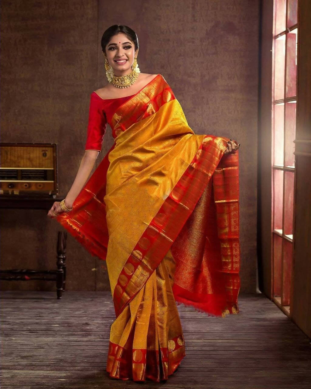 DEIANA'S Beautiful Golden Jari with New Design Soft Lichi Silk Saree - Yellow - Distacart