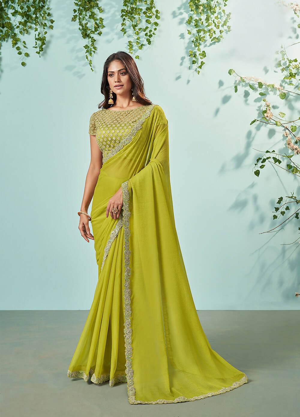 Green Barbarie Chiffon Solid Saree With Unstitched Blouse Piece - Norita Ikshita - Distacart