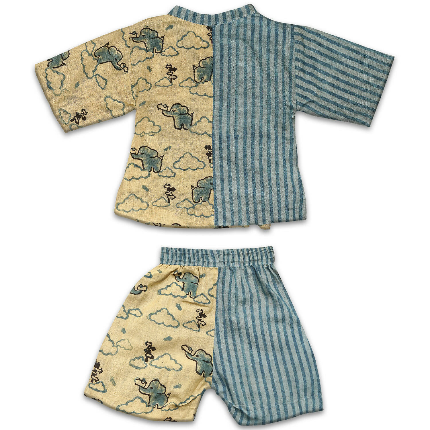 Mhyssa Blue And Beige V Neck Kimono Style Short Sleeve Printed T-shirt With Matching Shorts Set - Distacart