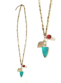Thumbnail for Bling Accessories Antique Brass Finish Leaf Turquoise & Coral Semi Precious Charm Metal Long Chain Necklace