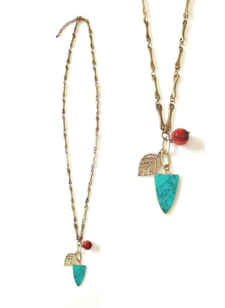 Bling Accessories Antique Brass Finish Leaf Turquoise &amp; Coral Semi Precious Charm Metal Long Chain Necklace