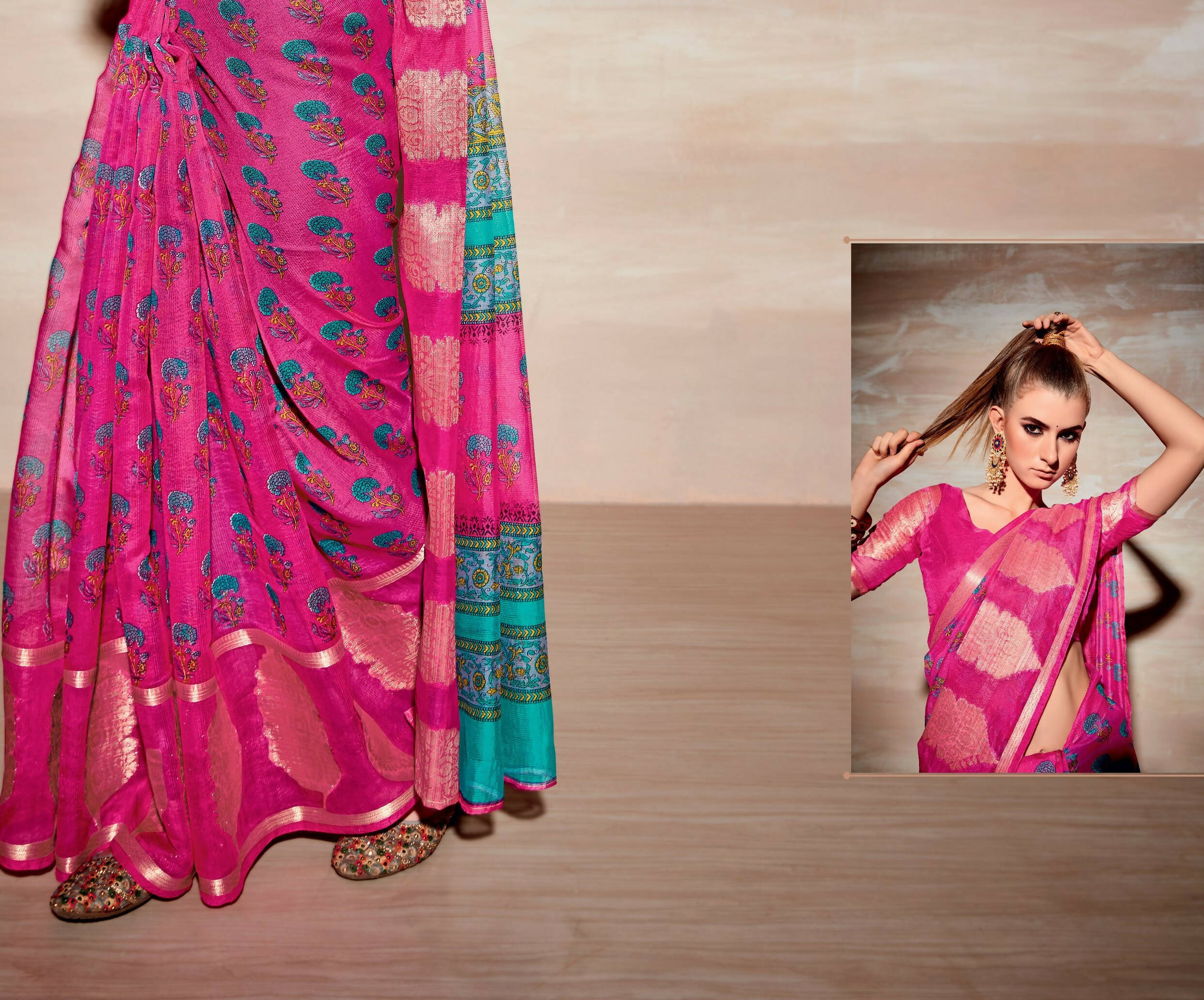 Pink Cotton Floral Printed Saree With Unstitched Blouse Piece - Kathika - Distacart