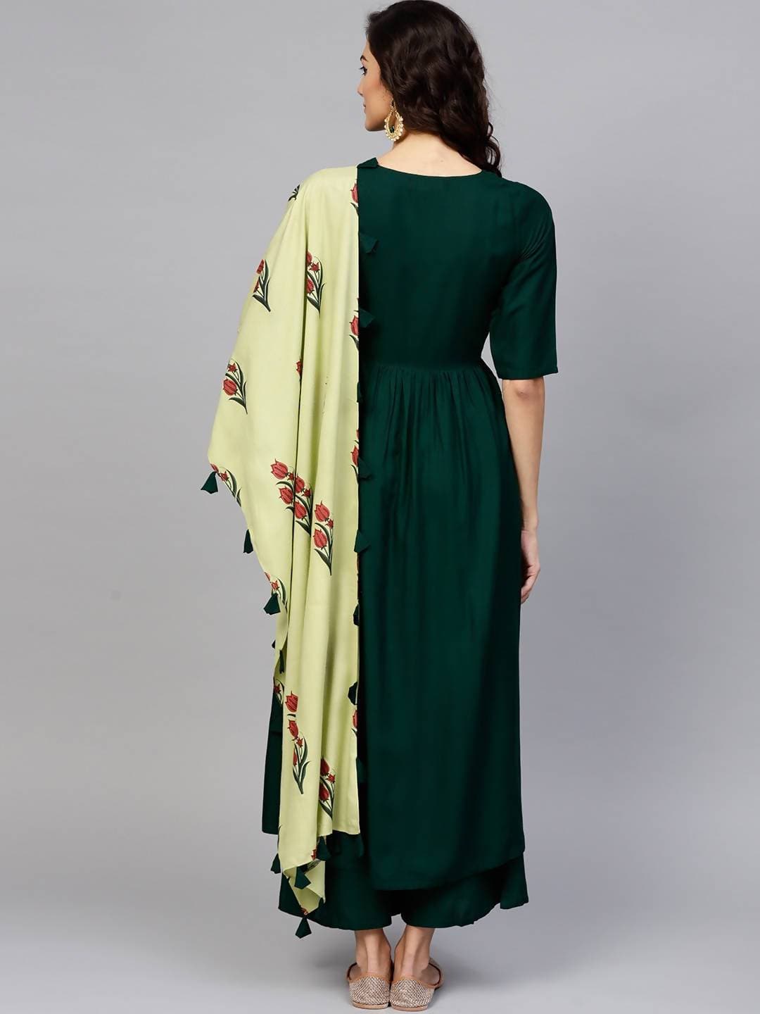 A-Line solid Green Kurta, Palazzo, Stole Set (CH043K)