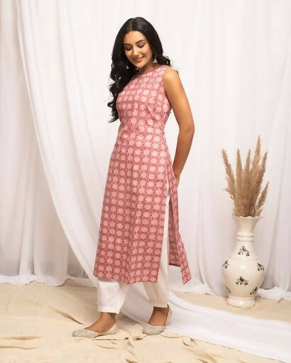 FIORRA Women's Floral Printed Pink Cotton Straight Kurta - Distacart