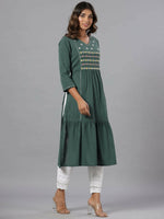 Thumbnail for Juniper Women Green Seer Sucker Embroidered High Slit Kurta - Distacart