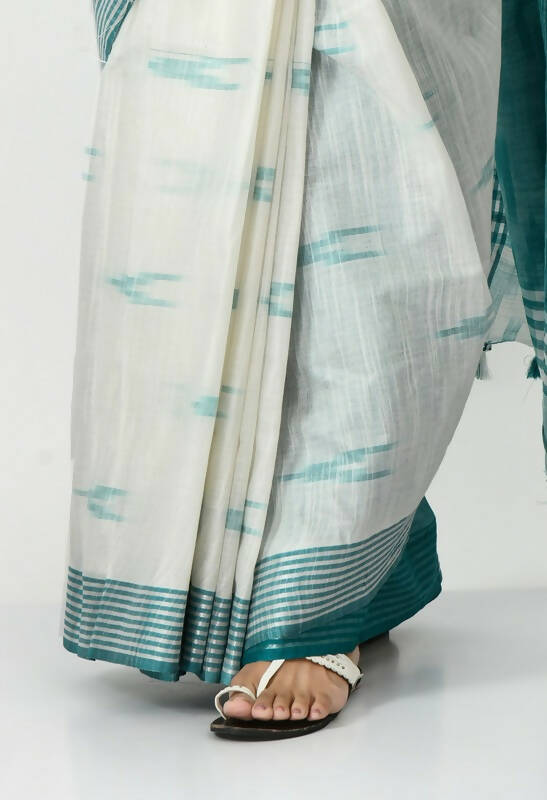 Mominos Fashion Moeza White & Sea Green Bhagalpuri Handloom Ikat Pure Cotton Saree with unstitched Blouse piece - Distacart