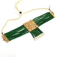 Thumbnail for Mominos Fashion Johar Kamal Gold-Plated Kundan & Pearls Necklace Green/Golden Color Choker Set - Distacart