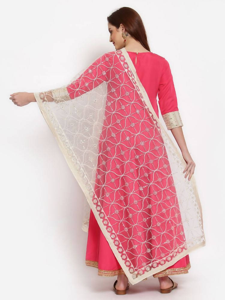 Myshka Women's Pink Solid Rayon 3/4 Sleeve Round Neck Casual Anarkali Kurta Dupatta Set