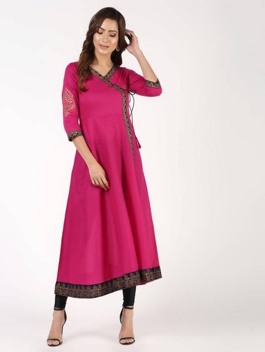 Aniyah Cotton Block Print Angrakha Kurta In Magenta (AN-148K)