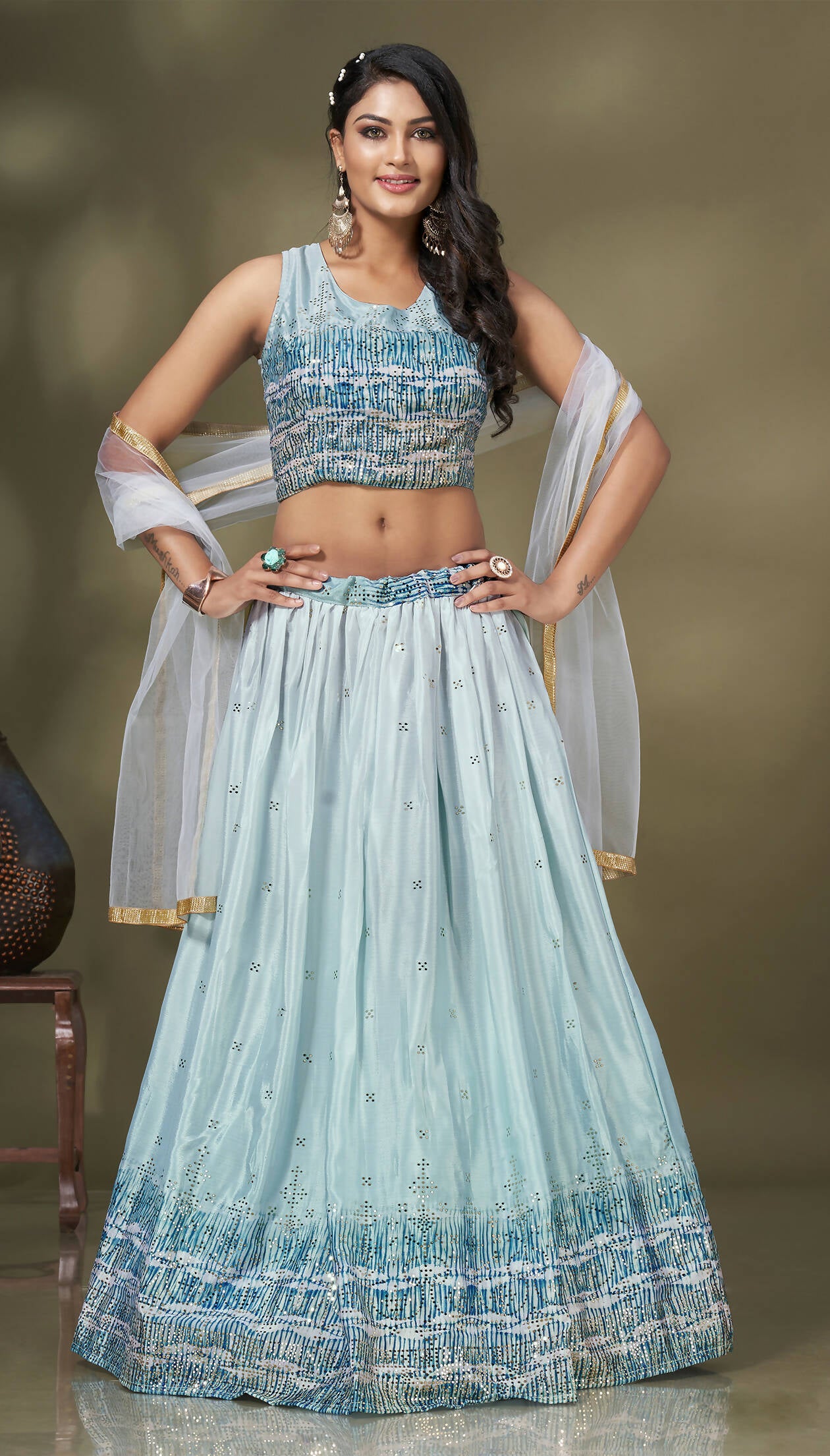Blue Chinon Crush Mirror Foil work Lehenga Choli with Dupatta - Aakriti - Distacart