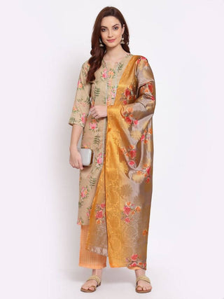 Myshka Women's Multi Solid Cotton Blend 3/4 Sleeve Round Neck Casual Kurta Pant Dupatta Set