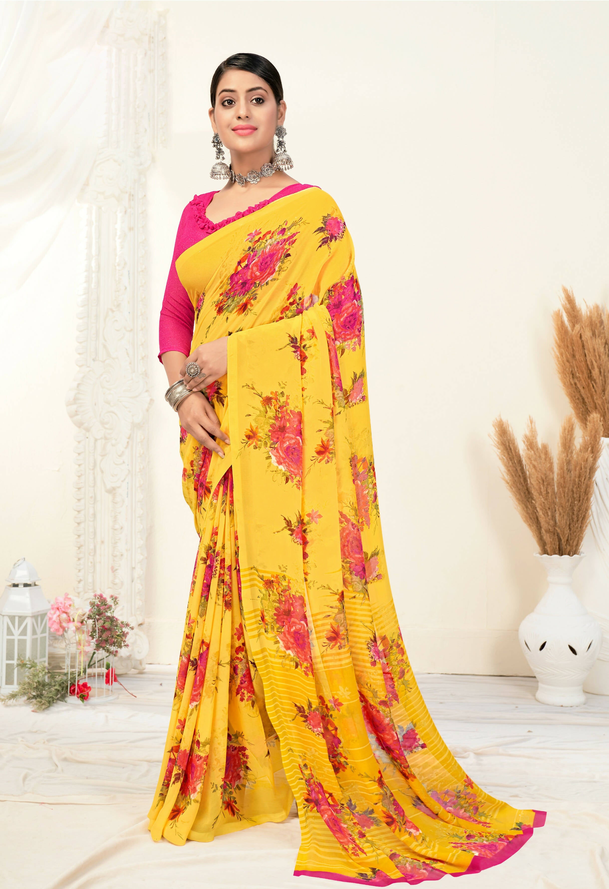 Yellow Georgette Floral Printed Saree With Unstitched Blouse Piece - Jyoti - Distacart
